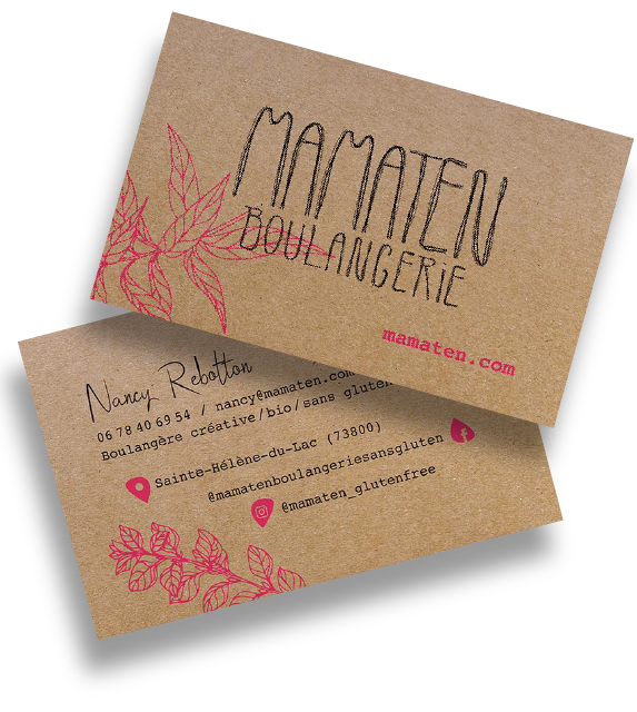 Cartes de visite en kraft de la boulangerie Mamaten avec des illustrations florales rose