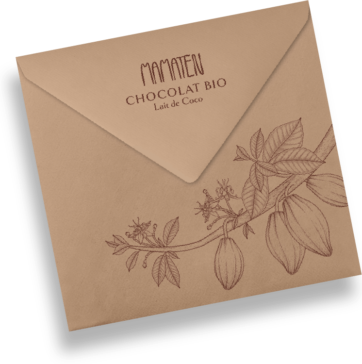 Enveloppe en kraft de la boulangerie Mamaten avec des illustrations florales de cacao