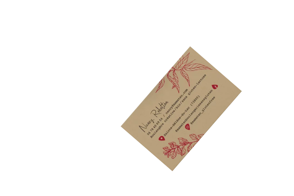 Cartes de visite en kraft de la boulangerie Mamaten avec des illustrations florales rose