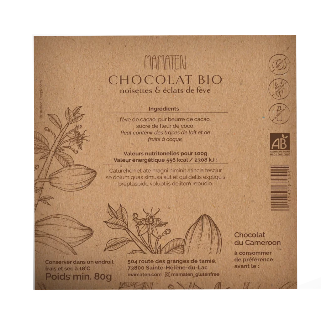 Enveloppe en kraft de la boulangerie Mamaten avec des illustrations florales de cacao