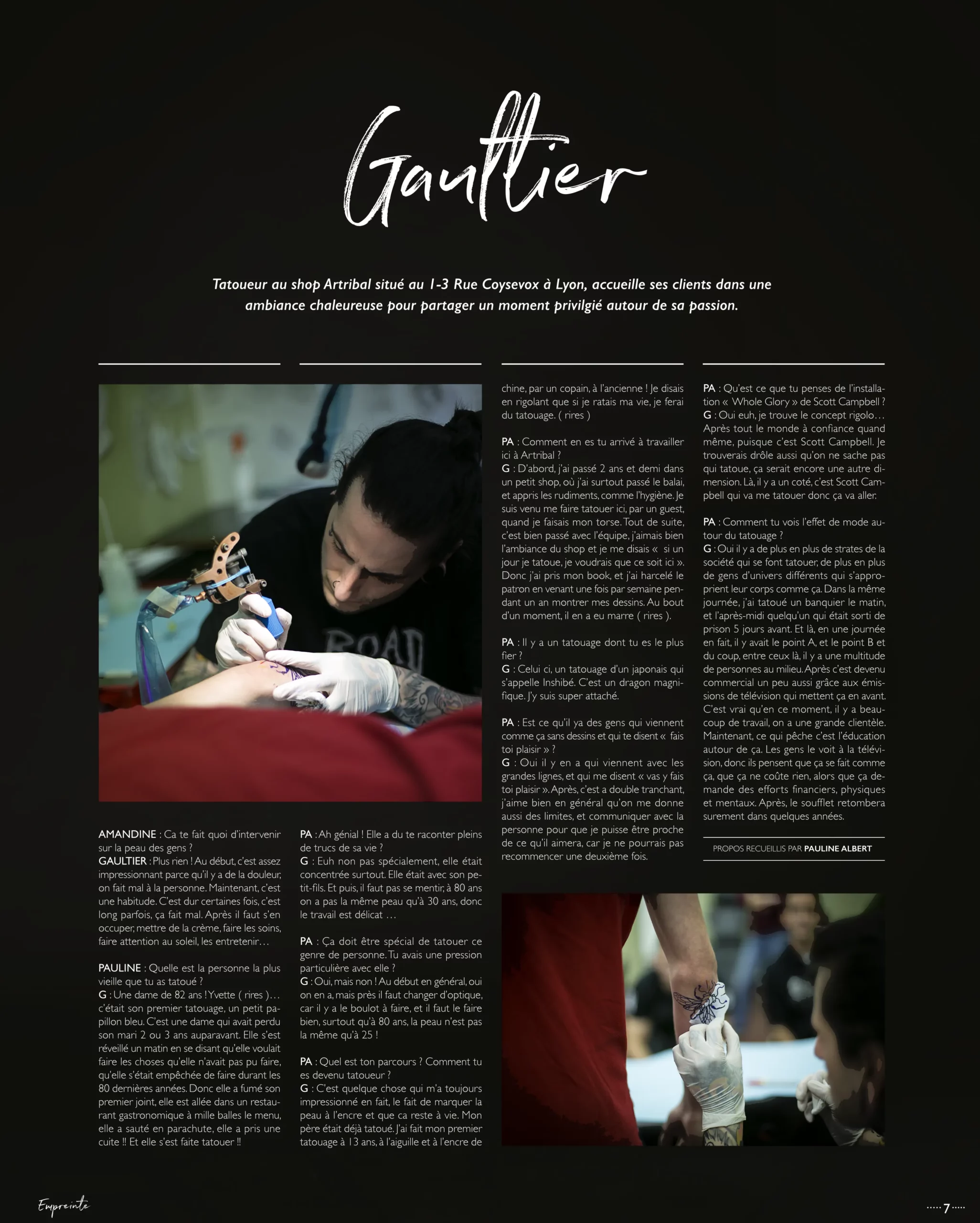 Page de magazine avec des photographie de tatoueur et tatouage