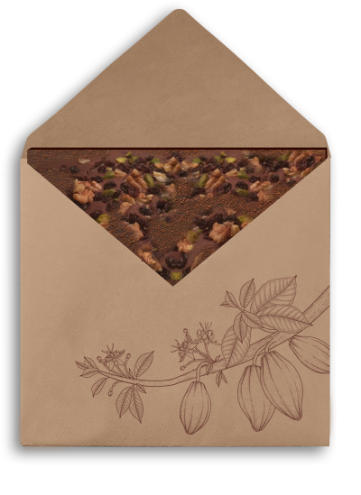 Enveloppe en kraft de la boulangerie Mamaten avec des illustrations florales de cacao